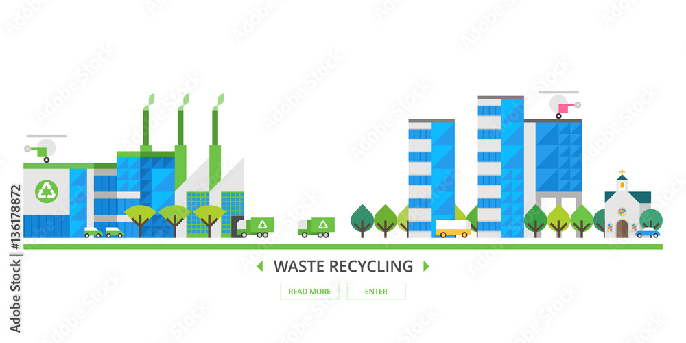 Waste recycling. Factory recycling plant. Modern city.