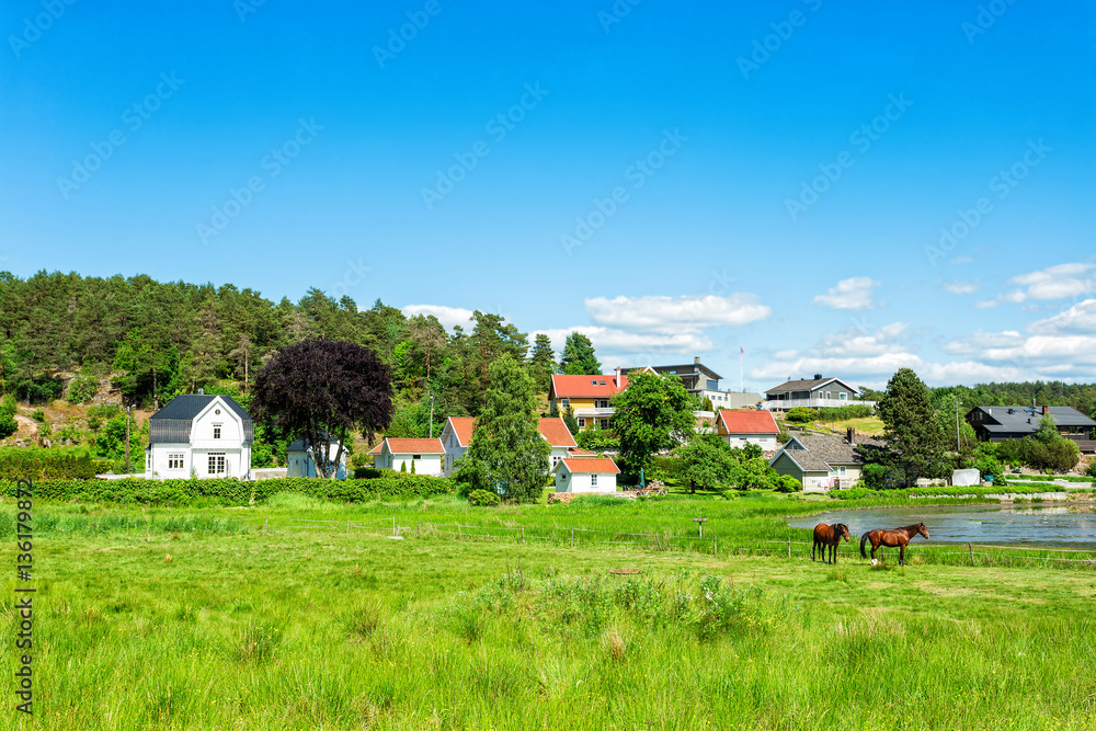 Idyllic scenic view, colorful houses and green field with dramatic sky Idyllic scenic view, colorful houses and green field with dramatic sky