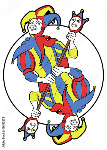 Reversible Joker displayed inside a circle. He holds a strange scepter with both his. Red, yellow, blue and white are the main colours of this illustration. 