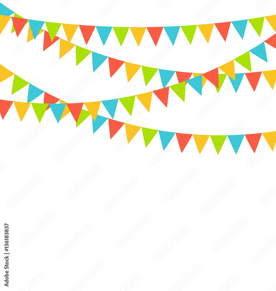 Multicolored bright buntings flags garlands isolated on white Multicolored bright buntings flags garlands isolated on white