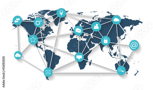 World map with social media icons network blue color