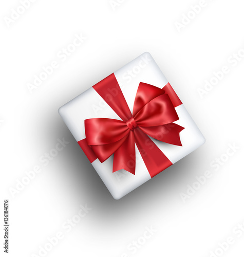 White Celebration Gift Box with Red Bow Isolated on White