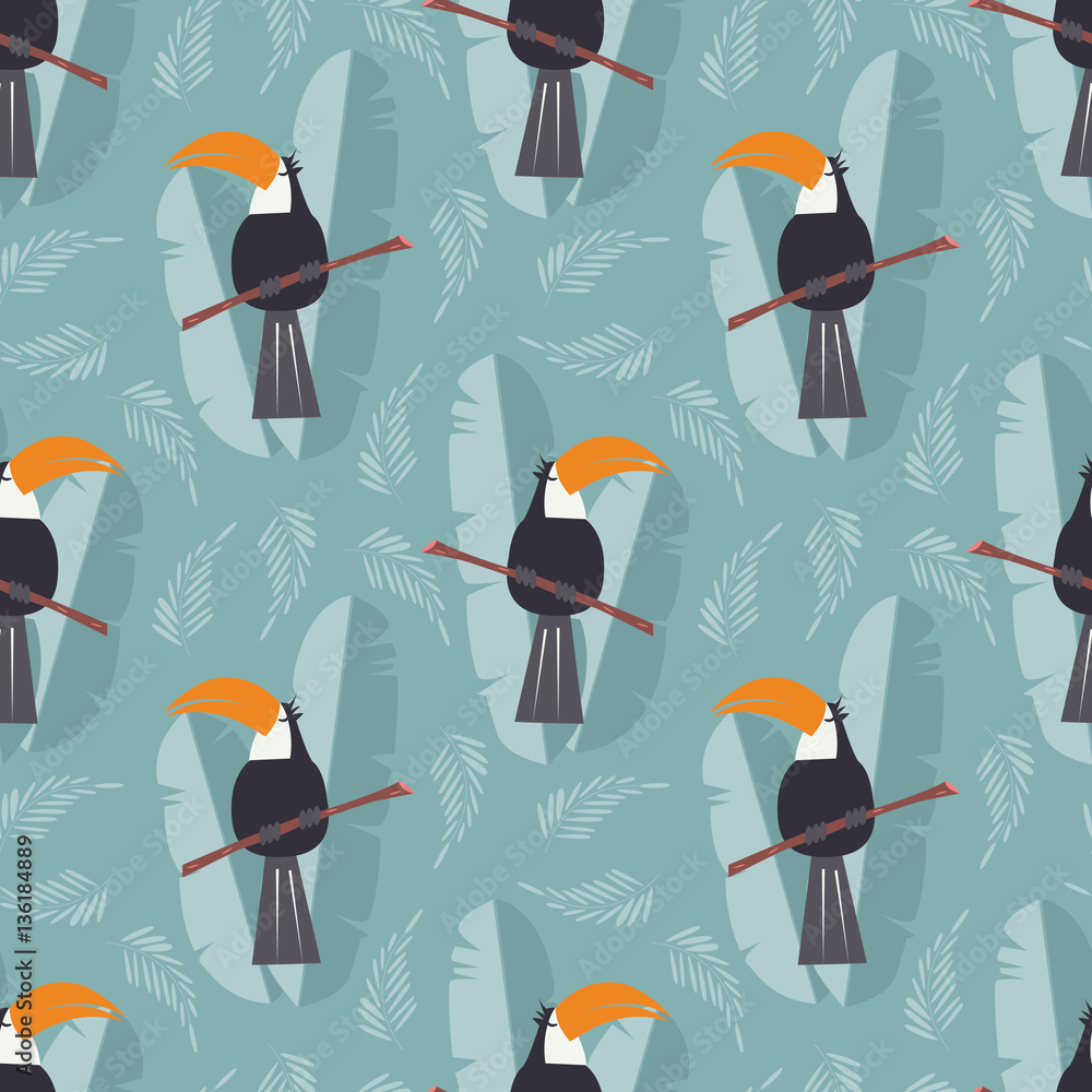 Fototapeta premium Seamless pattern with cute jungle parrot toucan on blue background