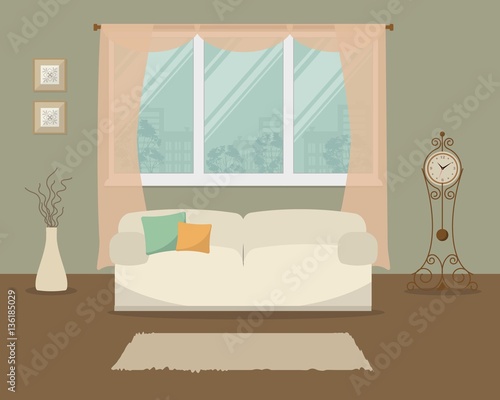 Living room in a green color. There is a white sofa with pillows on a window background in the picture. There is also a grandfather clock here. Vector flat illustration.