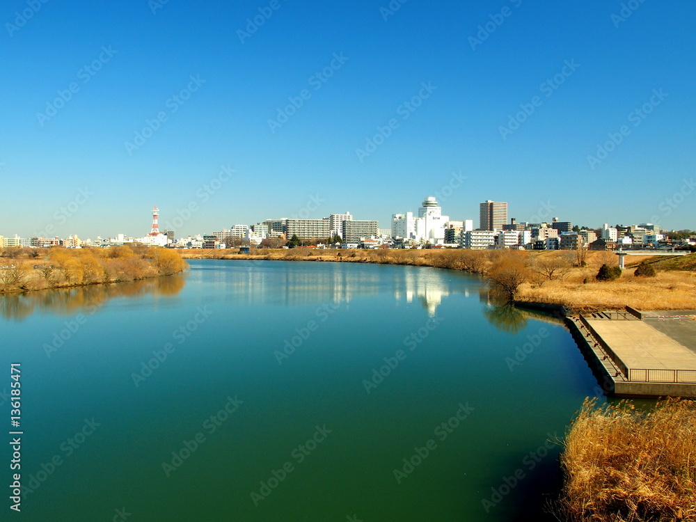 Naklejka premium 船着き場のある冬の江戸川風景