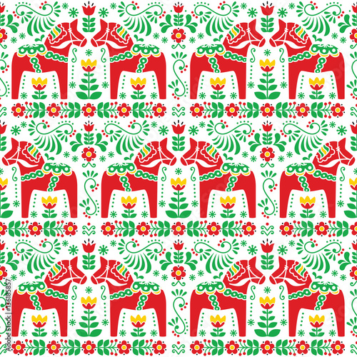  
Seamless Scandinavian folk art pattern, Swedish Dala or Daleclarian horse floral design
