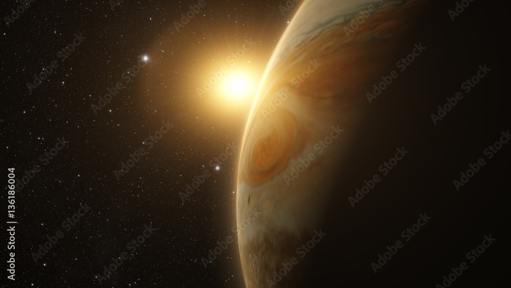 Naklejka premium jupiter and moon io with beautiful sunset. Check my gallery for other sunsets and sunrises in space. Elements of this image furnished by NASA