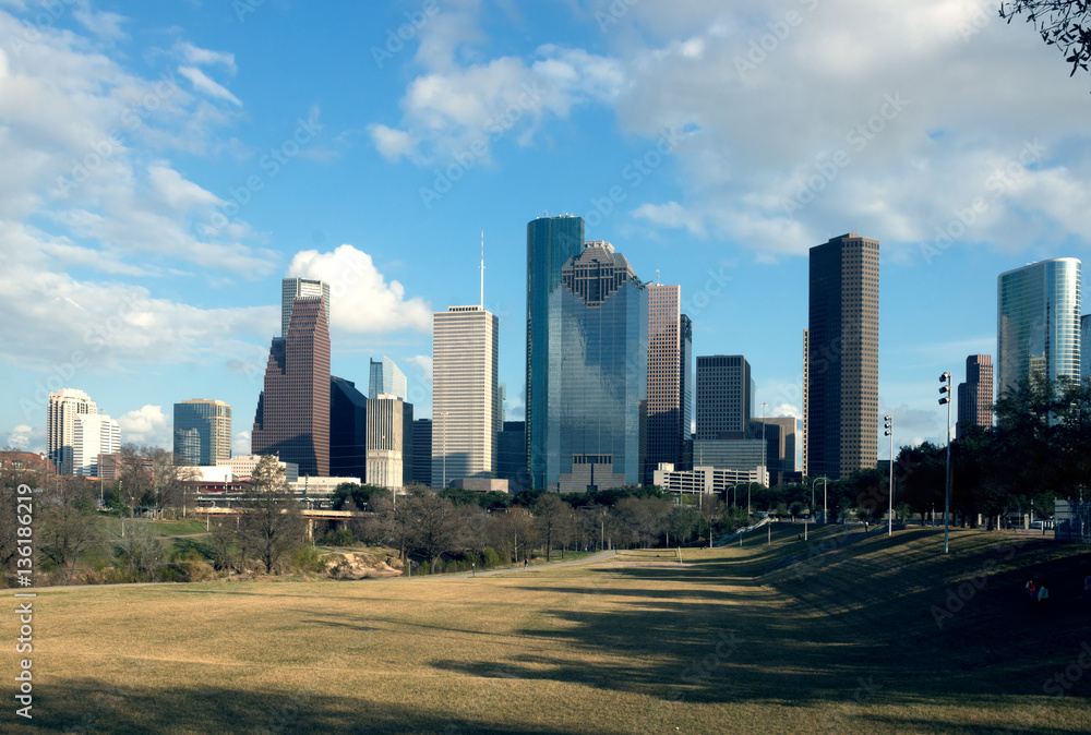 Houston Center High-rise buildings, Downtown in the evening. Tex Houston Center High-rise buildings, Downtown in the evening. Tex