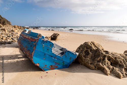 Small boat used for illegal immigration. Found on the beaches of Tarifa, Cádiz