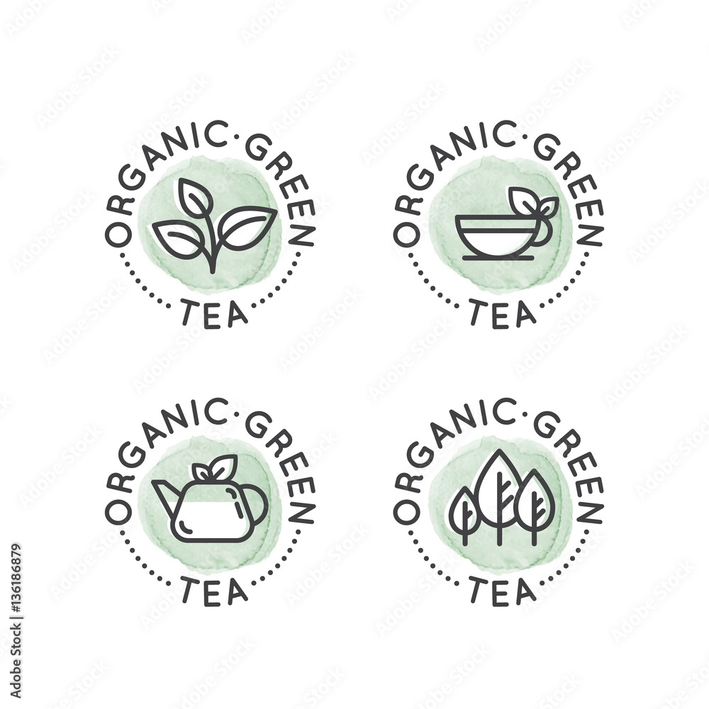 Vector Flat Icon Style Illustration Logo Badge Set for Organic Green tea Production or Shop for Healthy Lifestyle Vector Flat Icon Style Illustration Logo Badge Set for Organic Green tea Production or Shop for Healthy Lifestyle