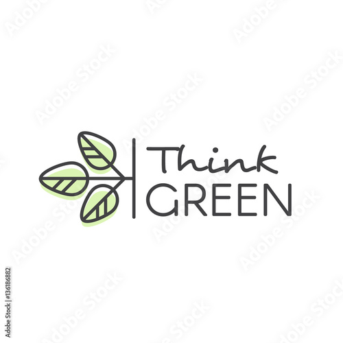 Vector Design Illustration with Hand-Lettering Text Logo Think Green Concept - Ecology and Green Energy  in Trendy Linear Style