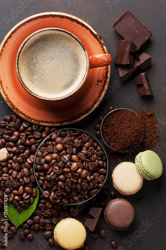 Coffee cup, beans, chocolate