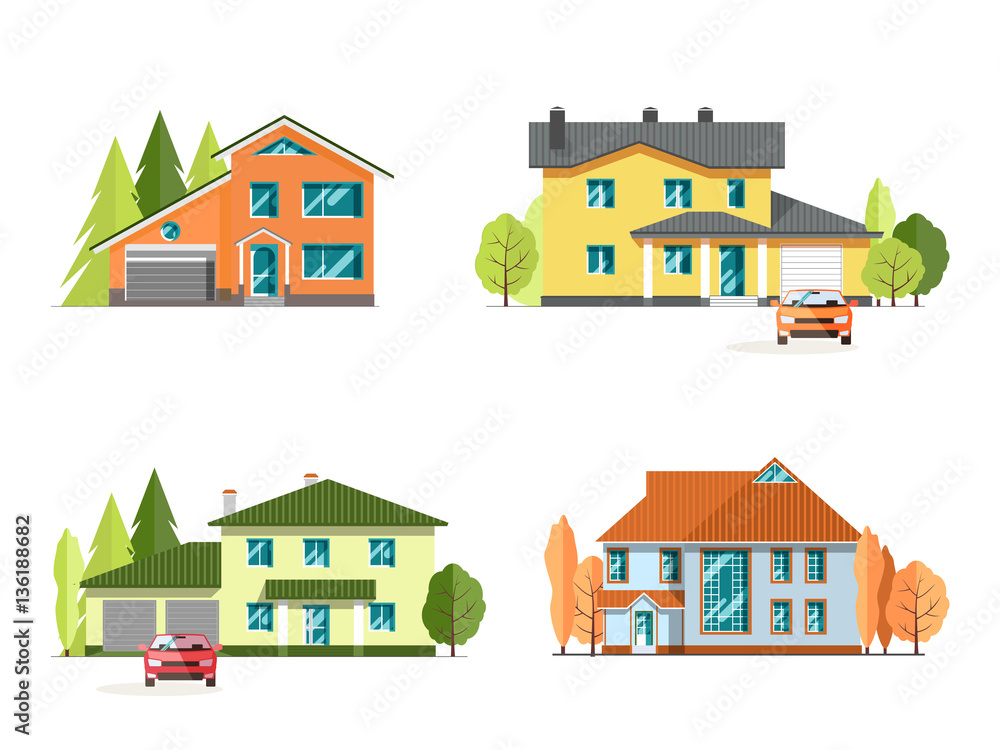 Set of detailed colorful cottage houses. Family home. Flat style modern buildings. Vector illustration
