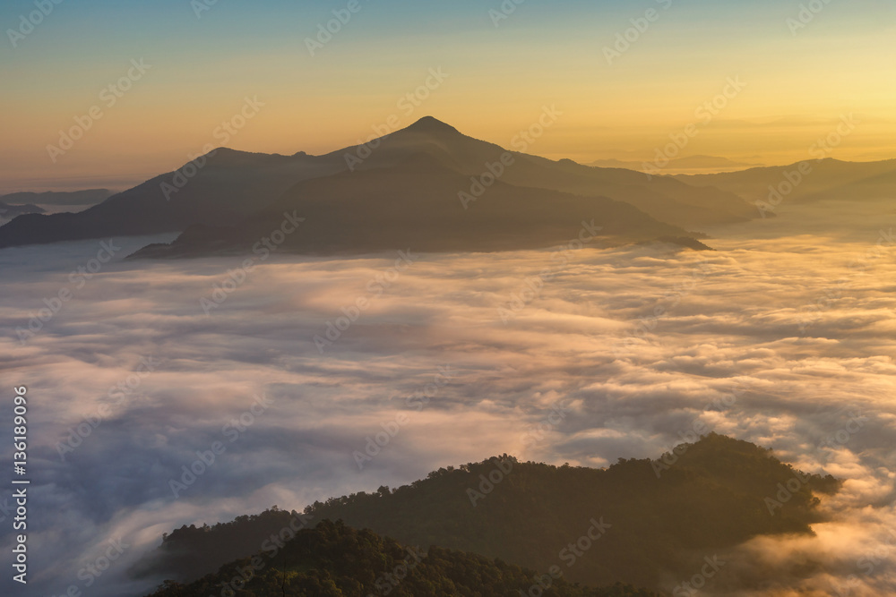 Landscape with the mist at Pha Tung mountain in sunrise time, Chiang Rai Province, Thailand