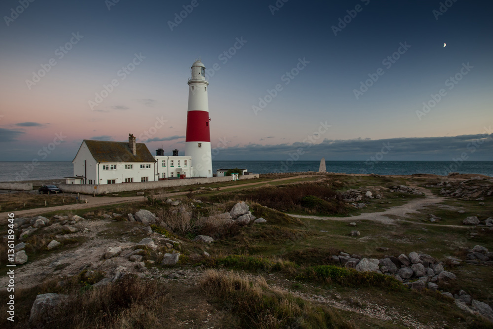 Portland Bill lighthouse at sunset in Dorset, England