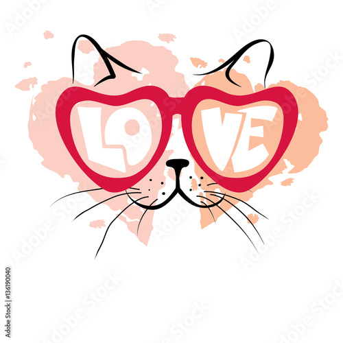Valentine card -- Enamored cat / Vector illustration, print, background with funny cat in glasses