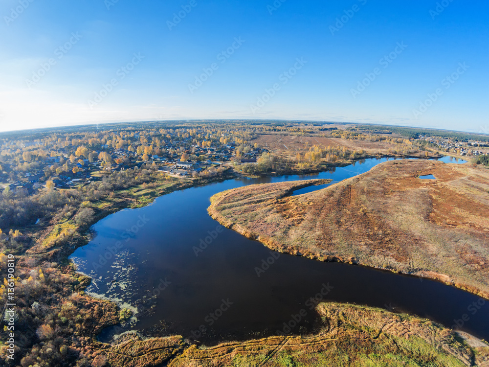 Aerial view of the river Mologa and Maksatikha village.