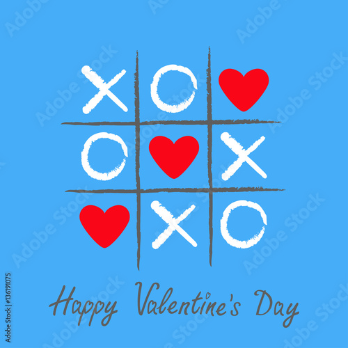 Tic tac toe game with criss cross and three red heart sign mark XOXO. Hand drawn pen brush. Doodle line. Happy Valentines day card Flat design Isolated. Blue background.