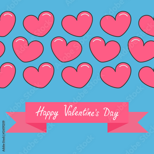 Pink contour line heart and ribbon. Print poster. Happy Valentines day text. Greeting card. Flat design. Blue background. Isolated. Cute decoration element. photo