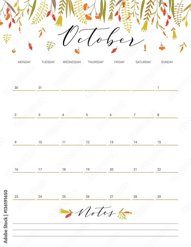 October flower calendar. Stock Vector | Adobe Stock