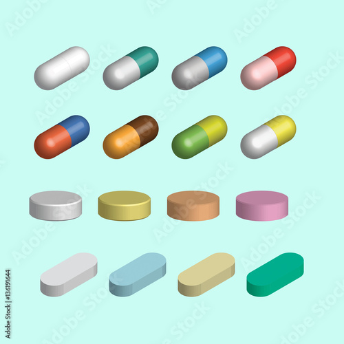 Set of tablets and capsules, vector. 3D.