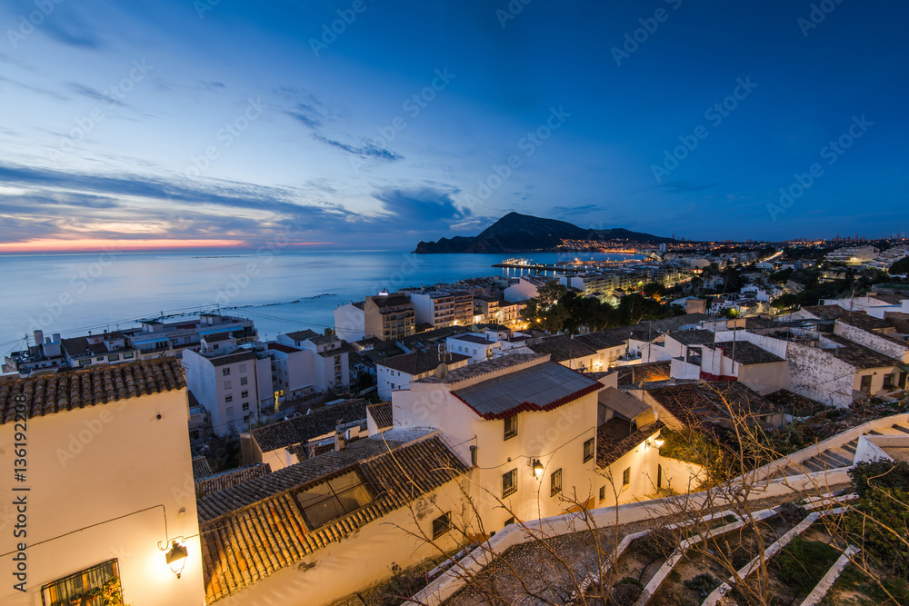 Altea white houses at sunset in Costa Blanca, Spain