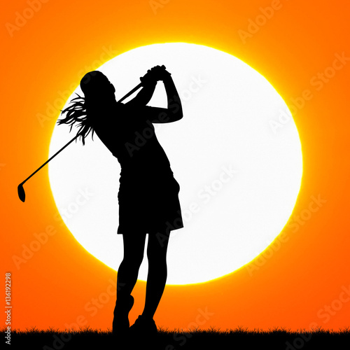 silhouettes golfer with sunset background