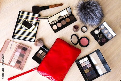  makeup maquillage kit (set): palette, brush, eye shadow, powder, lipstick (flat lay) 