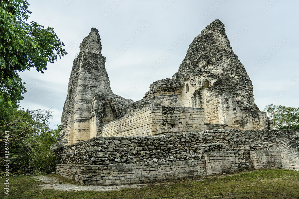 Mayan building in ruins in the archaeological Xpuhil enclosure in the reservation of the Mayan biosphere of Calakmul in campeche, Mexico.