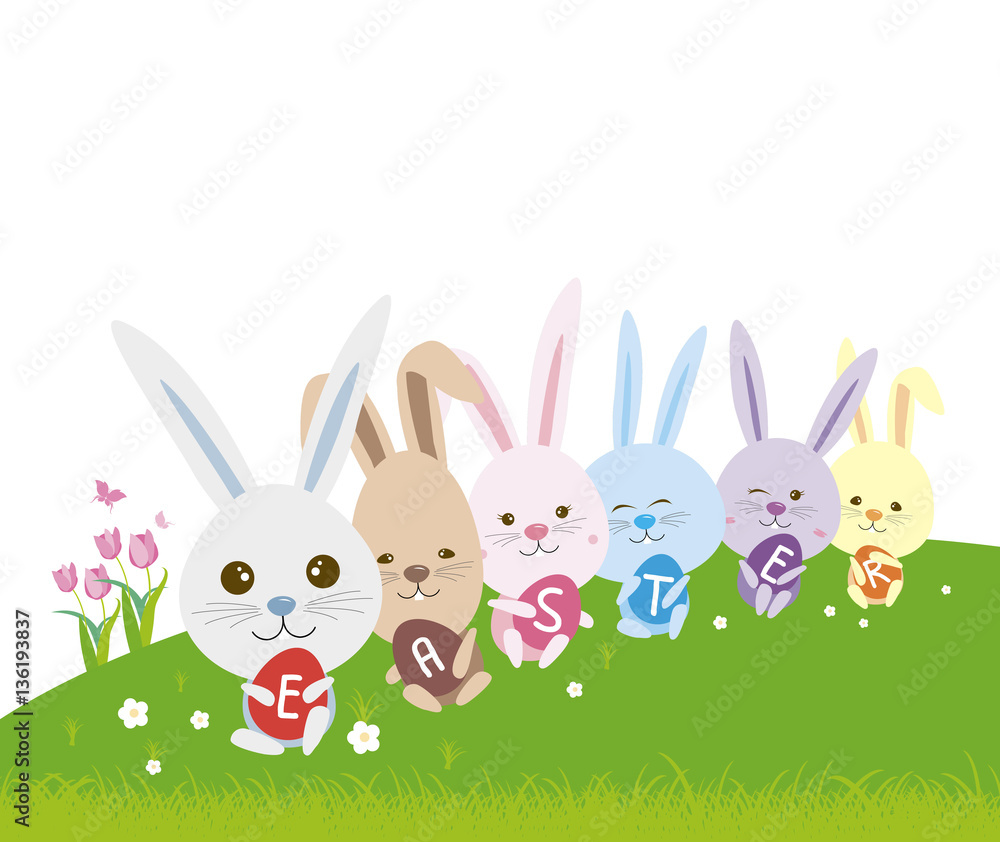 Vector easter concept of cute bunny holding eggs on grass Vector easter concept of cute bunny holding eggs on grass