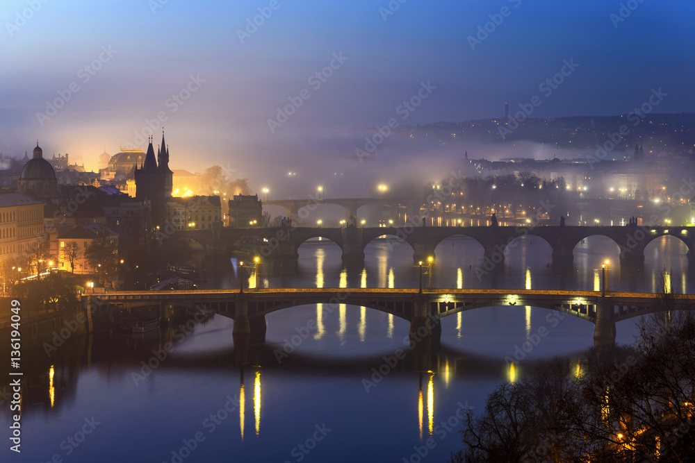 Amazing Charles bridge during foggy morning, Prague, Czech republic