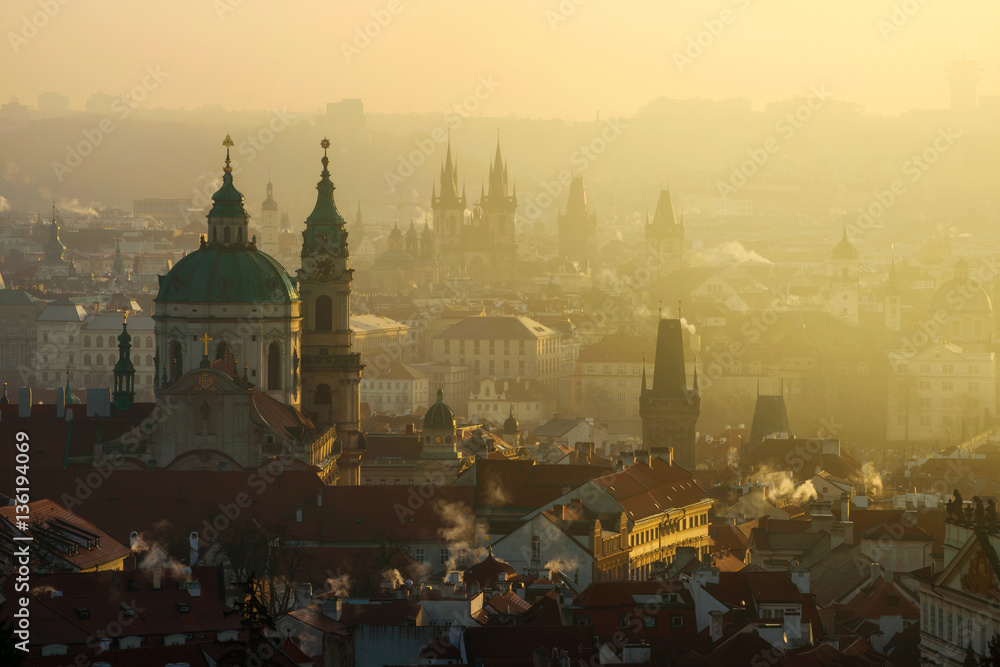 Amazing Prague foggy sunrise, Czech republic