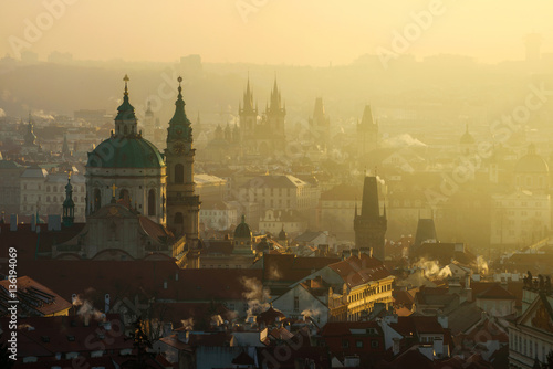 Photography Amazing Prague foggy sunrise, Czech republic