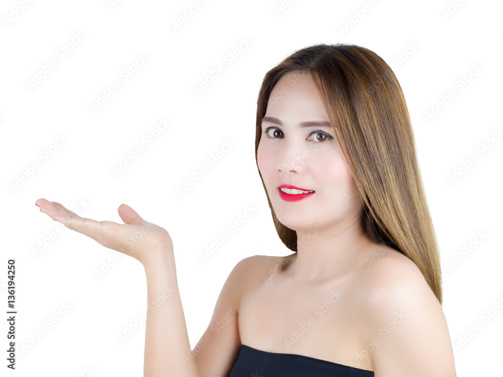 asian beautiful woman open the palm of the hand, isolated on white background. Product offerings concept. asian beautiful woman open the palm of the hand, isolated on white background. Product offerings concept.
