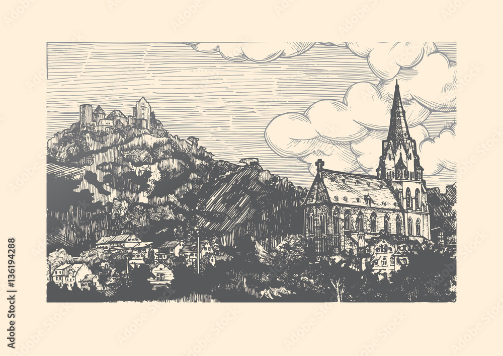 Engraved vector illustration of old village.