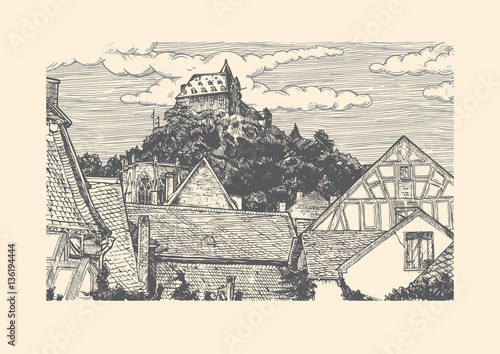 Engraved vector illustration of old village.
