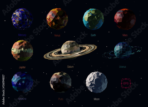 Vector set of polygonal planets of the Solar System, including Pluto, and Moon. 