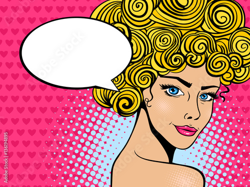 Pop art female face. Sexy young woman with blonde curly hair, smile watching from behind and empty speech bubble on halftone hearts background. Vector bright illustration in pop art retro comic style.