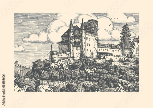 Engraved vector illustration of medieval castle.