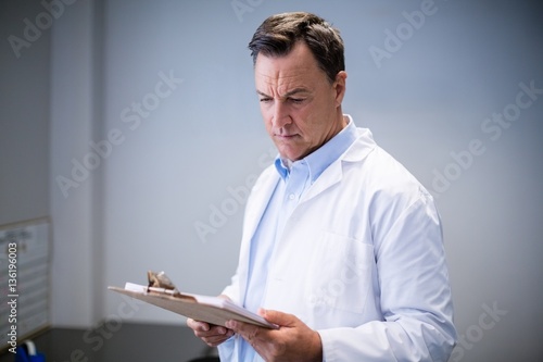 Male doctor reading reports in corridor