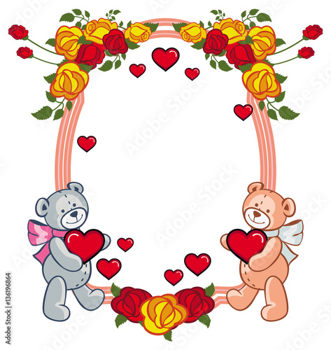 Oval frame with roses and two teddy bears holding heart. 