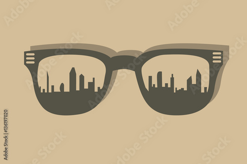Glasses for hipster. spectacle frame. silhouette of the city is reflected in the glasses