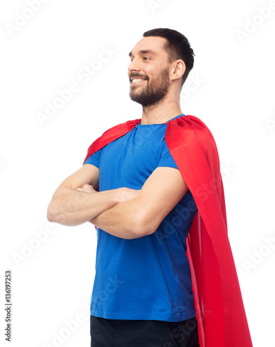 happy man in red superhero cape