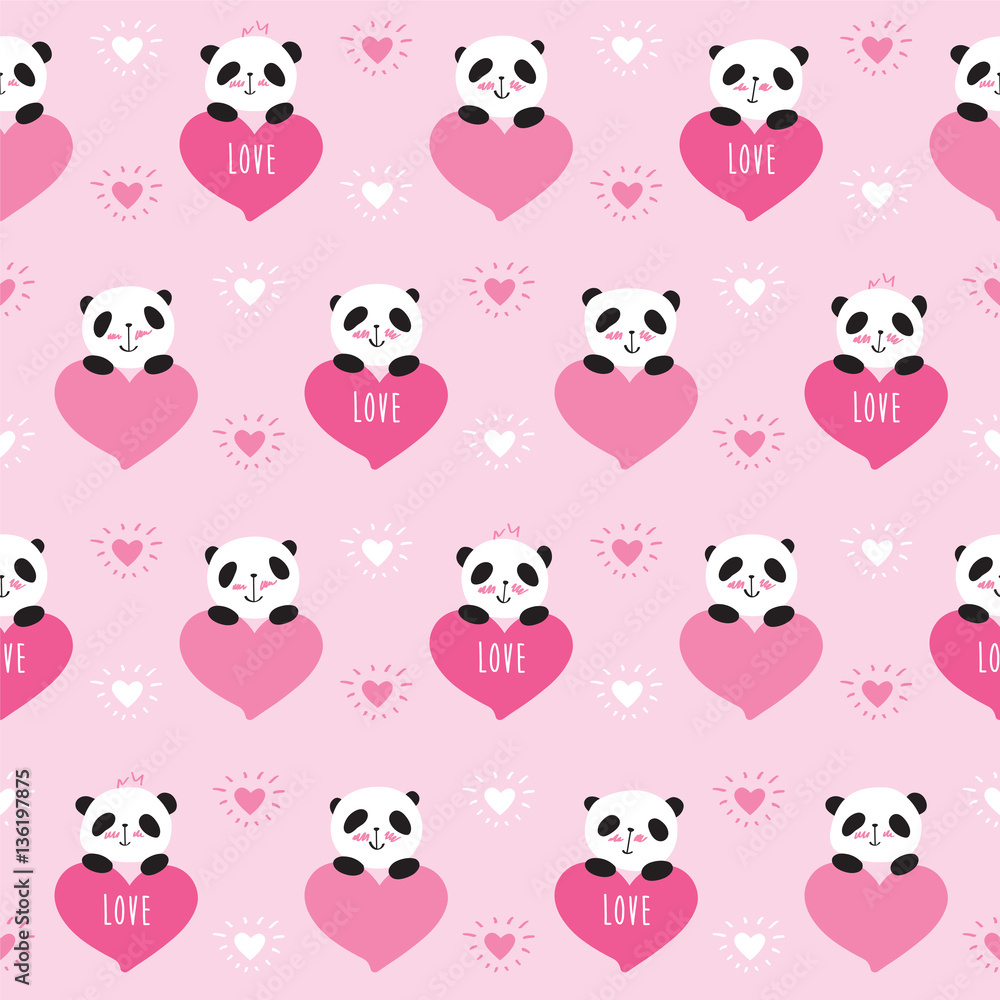 Seamless pattern with cute pandas and hearts. Wrapping paper for Valentine's Day, Mother's Day, birthday, wedding. Doodles, sketch. Vector.