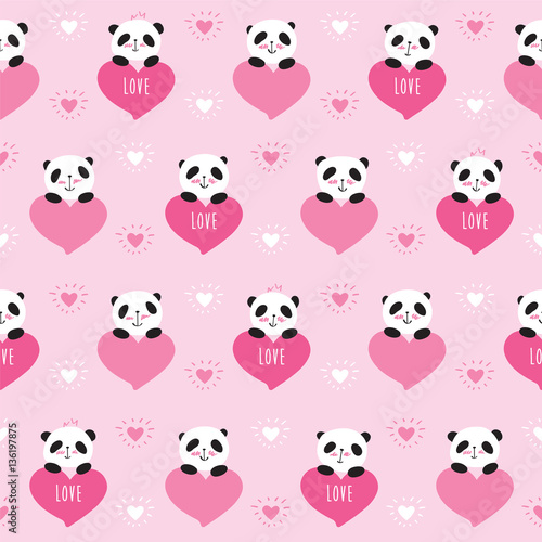 Fototapeta Naklejka Na Ścianę i Meble -  Seamless pattern with cute pandas and hearts. Wrapping paper for Valentine's Day, Mother's Day, birthday, wedding. Doodles, sketch. Vector.