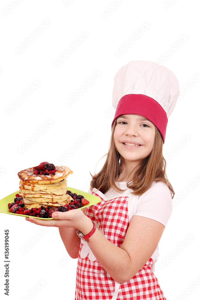 happy little girl cook with pancakes on plate happy little girl cook with pancakes on plate