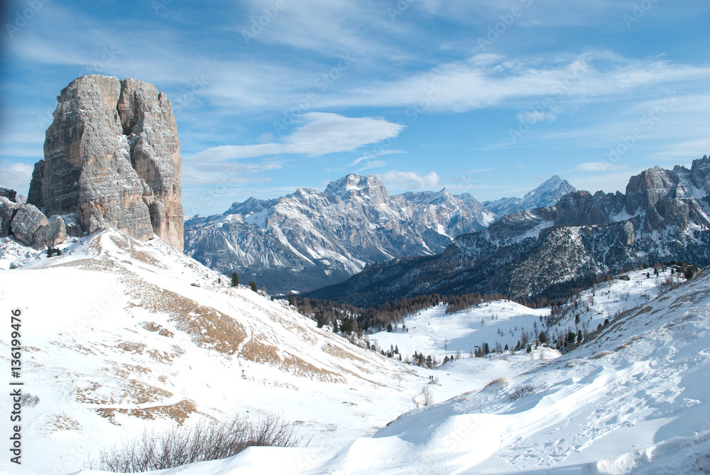 The Cinque Torri in Cortina d'Ampezzo, a splendid winter day