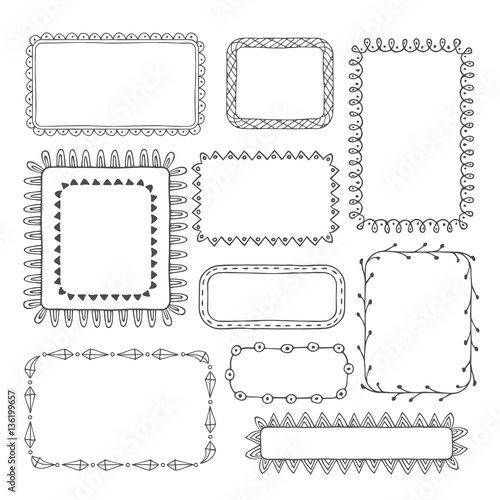 Set of black frames. Hand drawn ink borders. Vector illustration. Isolated