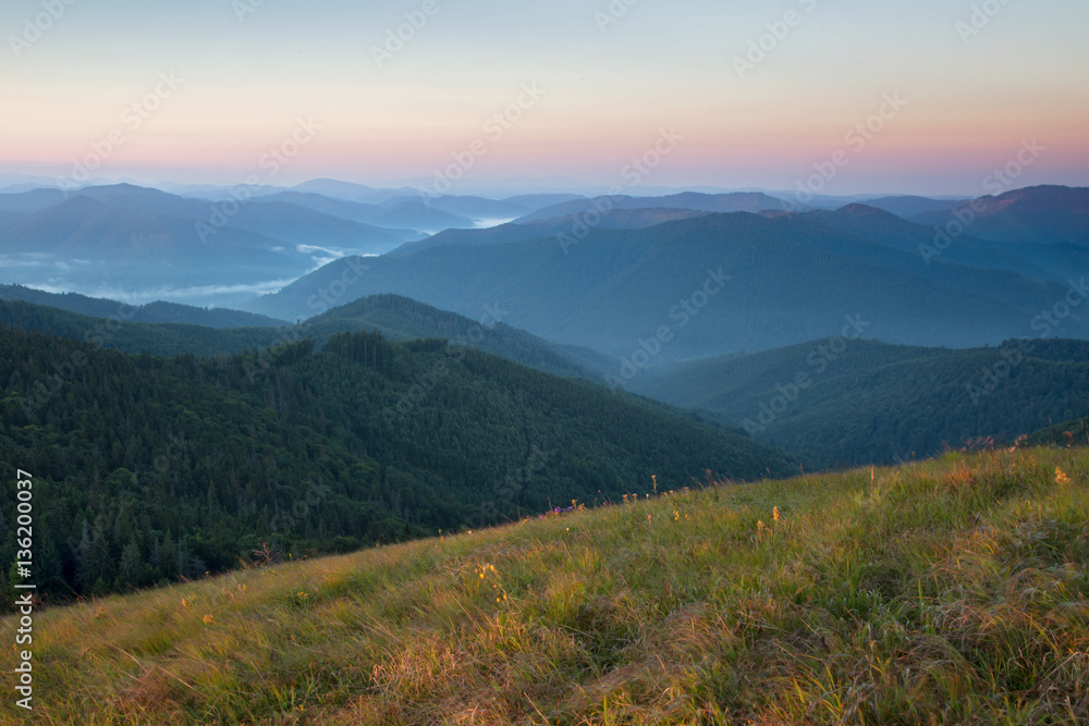 Naklejka premium Magiczna ranek mgła w halnej dolinie