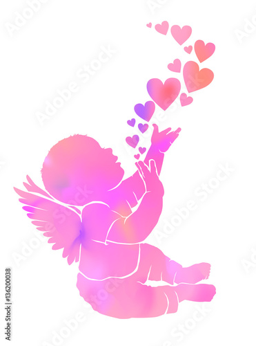 Silhouette gentle watercolor baby with wings and hearts